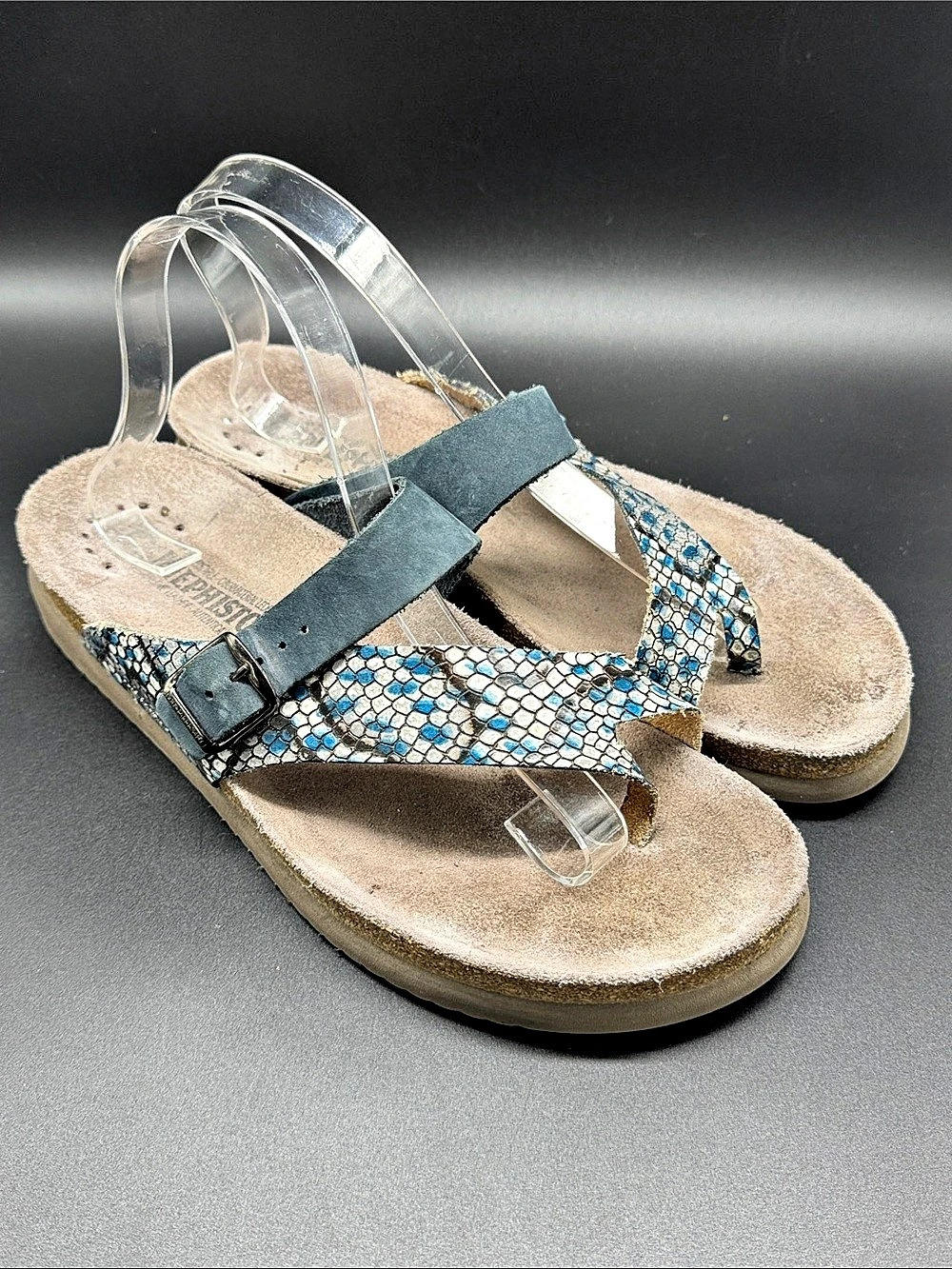 Mephisto Helen Mix Leather Toe-Loop Sandals Blue & White EU 42